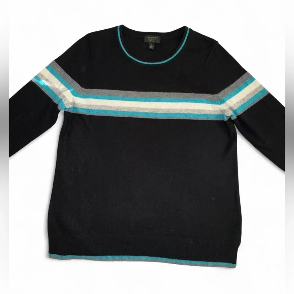 Charter Club Men's Black 100% Cashmere sweater with Teal and Beige Stripes